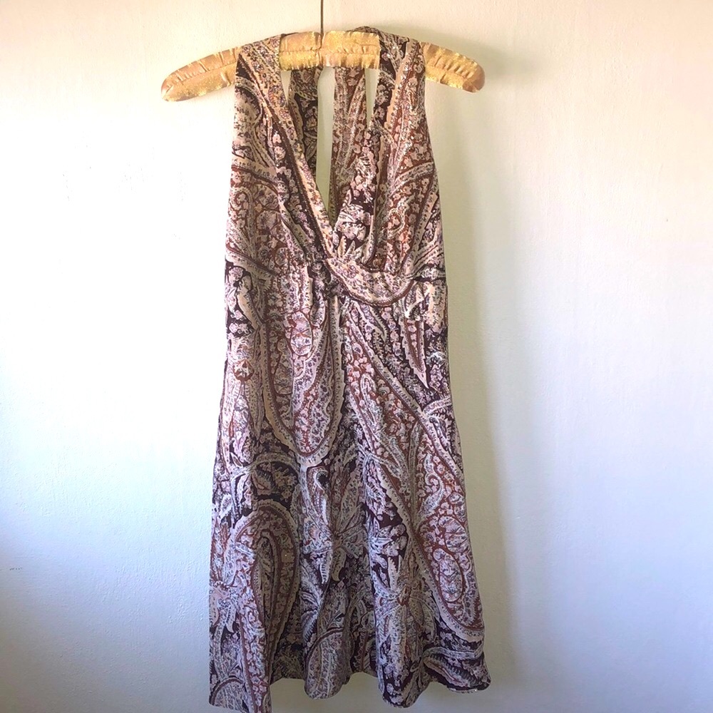 Vintage 1970s Disco Go-Go Boho Halter Mini Festival Paisley Dress